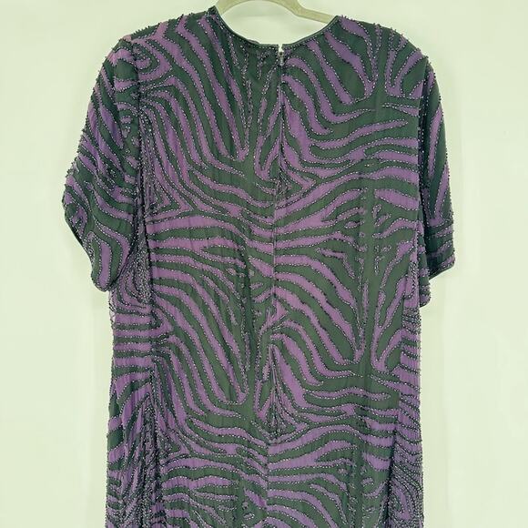 Vintage Bieff Basix Silk Beaded Dress Purple Tiger Stripe Size 2X Formal Wedding - Picture 4 of 7